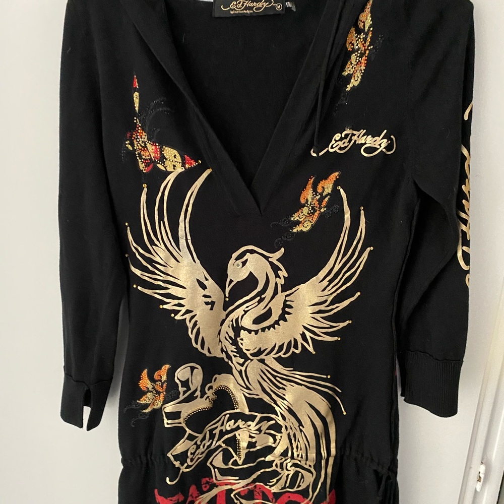Ed Hardy hooded embellished sweat shirt dress